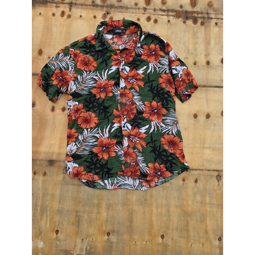 JOGAL Hawaiian Shirt Mens XL Green Orange Hibiscus Floral Tropical Short Sleeve
